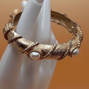 Vintage Hinged Bracelet, Faux Pearl Cabochons, 6 1/2 Inches